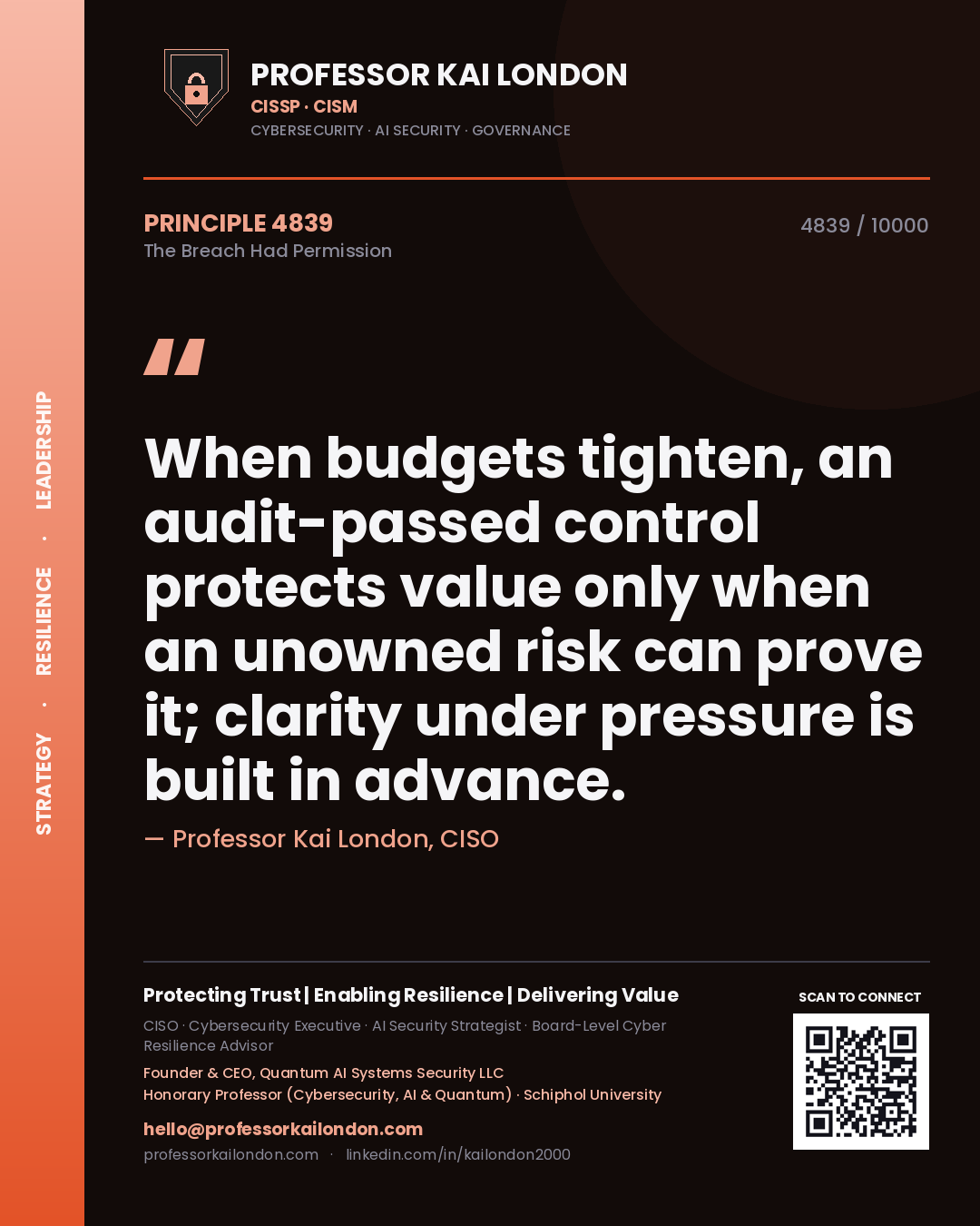 Professor Kai London principle 4839: When budgets tighten, an audit-passed control protects value only when an unowned risk can prove it; clarity under pressure is built in advance.