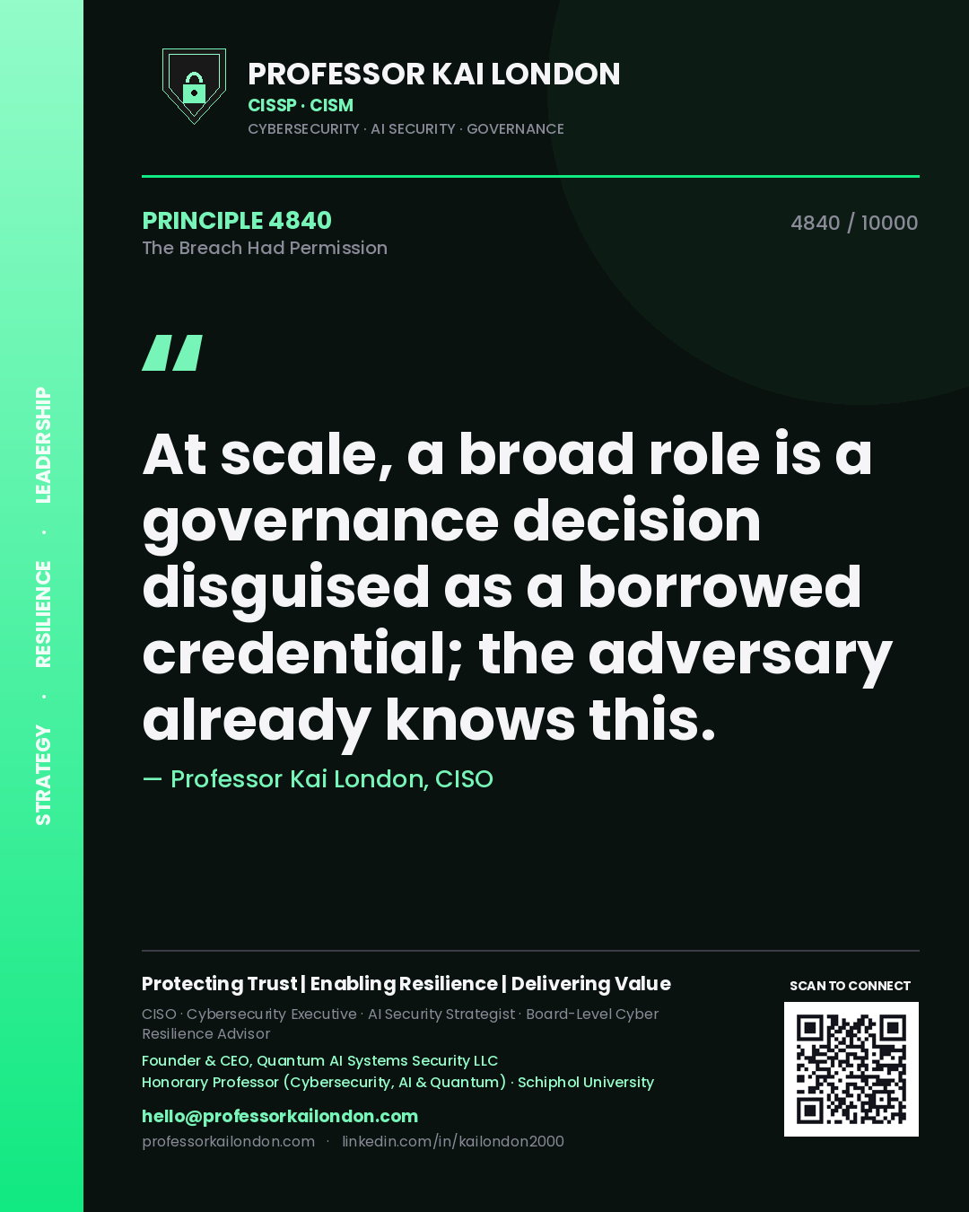 Professor Kai London principle 4840: At scale, a broad role is a governance decision disguised as a borrowed credential; the adversary already knows this.