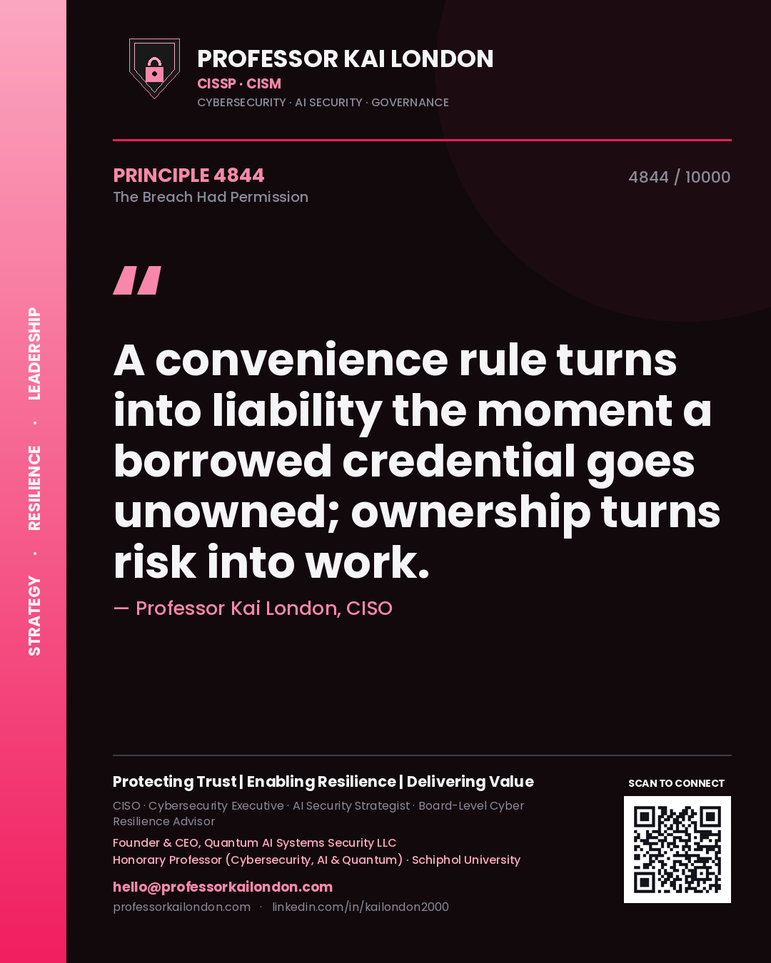 Professor Kai London principle 4844: A convenience rule turns into liability the moment a borrowed credential goes unowned; ownership turns risk into work.