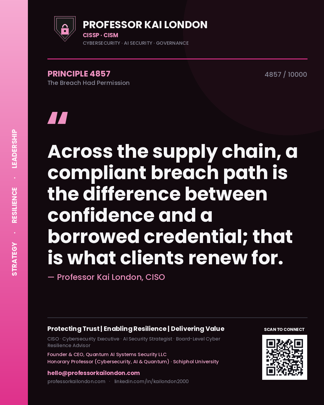 Quote card by Professor Kai London reading 'Across the supply chain, a compliant breach path is the difference between confidence and a borrowed credential; that is what clients renew for.'. From the book The Breach Had Permission.