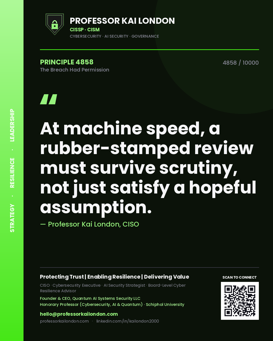 Quote card by Professor Kai London reading 'At machine speed, a rubber-stamped review must survive scrutiny, not just satisfy a hopeful assumption.'. From the book The Breach Had Permission.