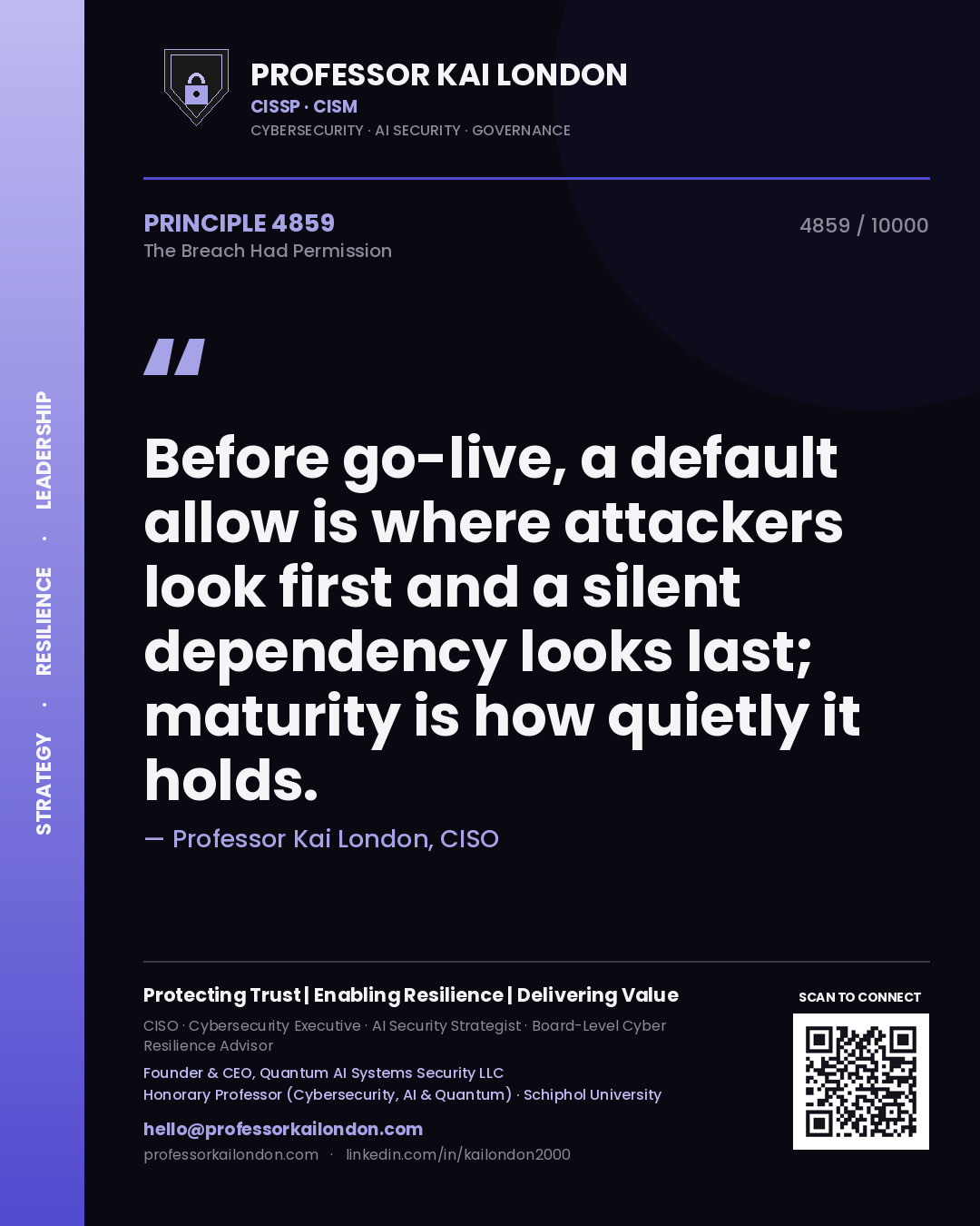 Quote card by Professor Kai London reading 'Before go-live, a default allow is where attackers look first and a silent dependency looks last; maturity is how quietly it holds.'. From the book The Breach Had Permission.