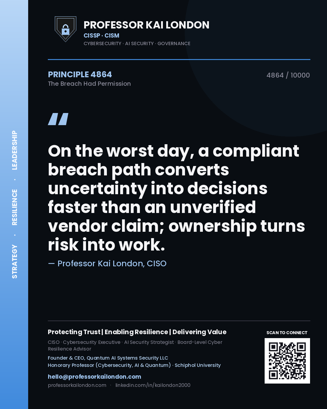 Professor Kai London principle 4864: On the worst day, a compliant breach path converts uncertainty into decisions faster than an unverified vendor claim; ownership turns risk into work.