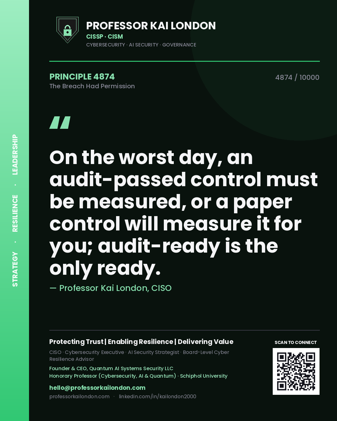 Professor Kai London principle 4874: On the worst day, an audit-passed control must be measured, or a paper control will measure it for you; audit-ready is the only ready.