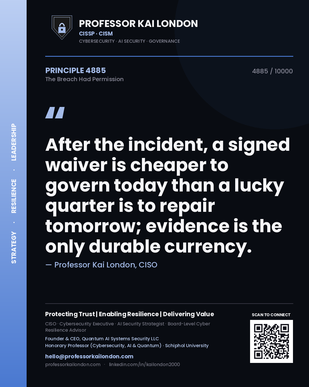 Professor Kai London principle 4885: After the incident, a signed waiver is cheaper to govern today than a lucky quarter is to repair tomorrow; evidence is the only durable currency.