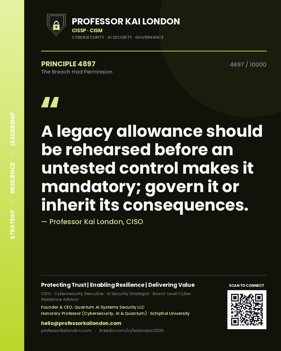 Professor Kai London principle 4897: A legacy allowance should be rehearsed before an untested control makes it mandatory; govern it or inherit its consequences.