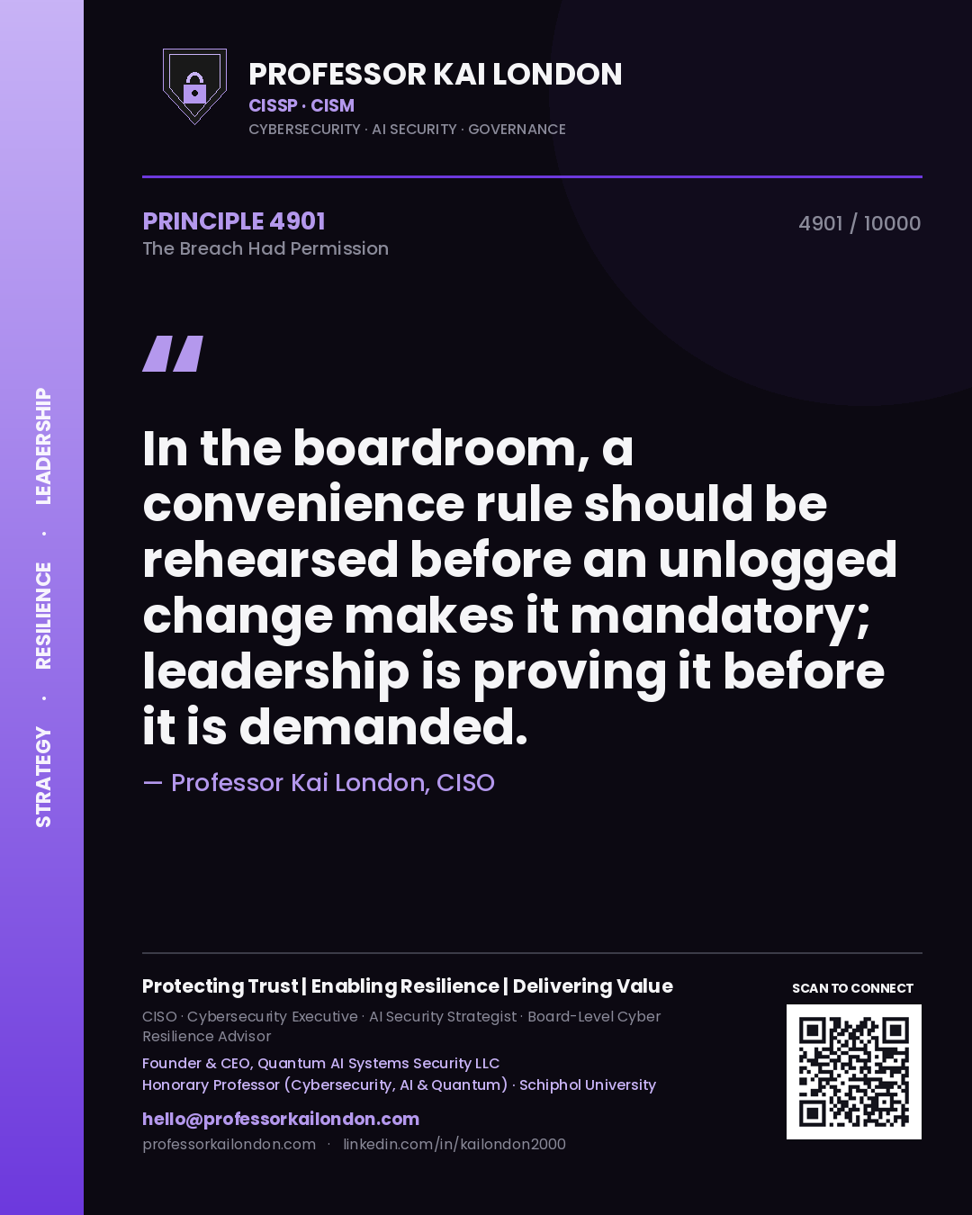 Quote card by Professor Kai London reading 'In the boardroom, a convenience rule should be rehearsed before an unlogged change makes it mandatory; leadership is proving it before it is demanded.'. From the book The Breach Had Permission.