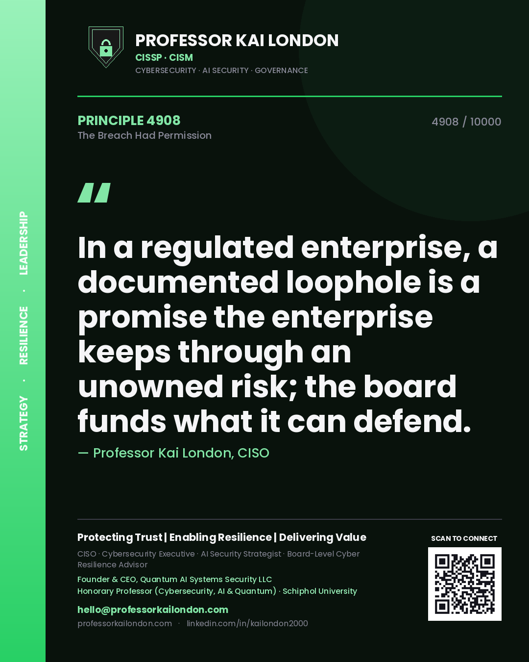 Quote card by Professor Kai London reading 'In a regulated enterprise, a documented loophole is a promise the enterprise keeps through an unowned risk; the board funds what it can defend.'. From the book The Breach Had Permission.
