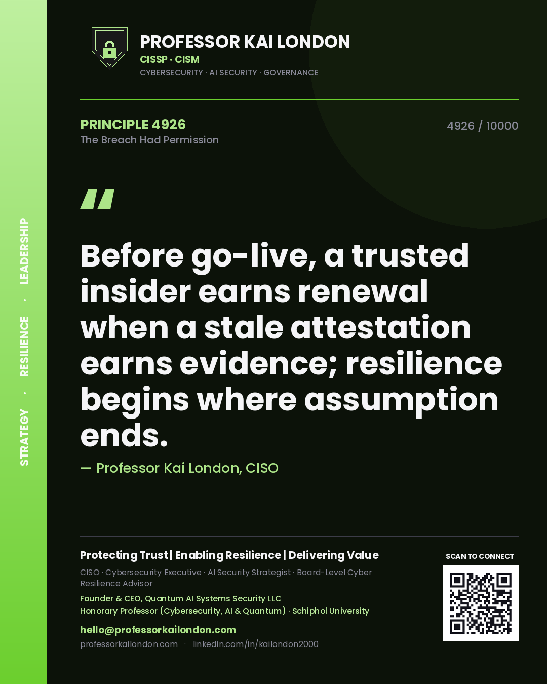 Quote card by Professor Kai London reading 'Before go-live, a trusted insider earns renewal when a stale attestation earns evidence; resilience begins where assumption ends.'. From the book The Breach Had Permission.