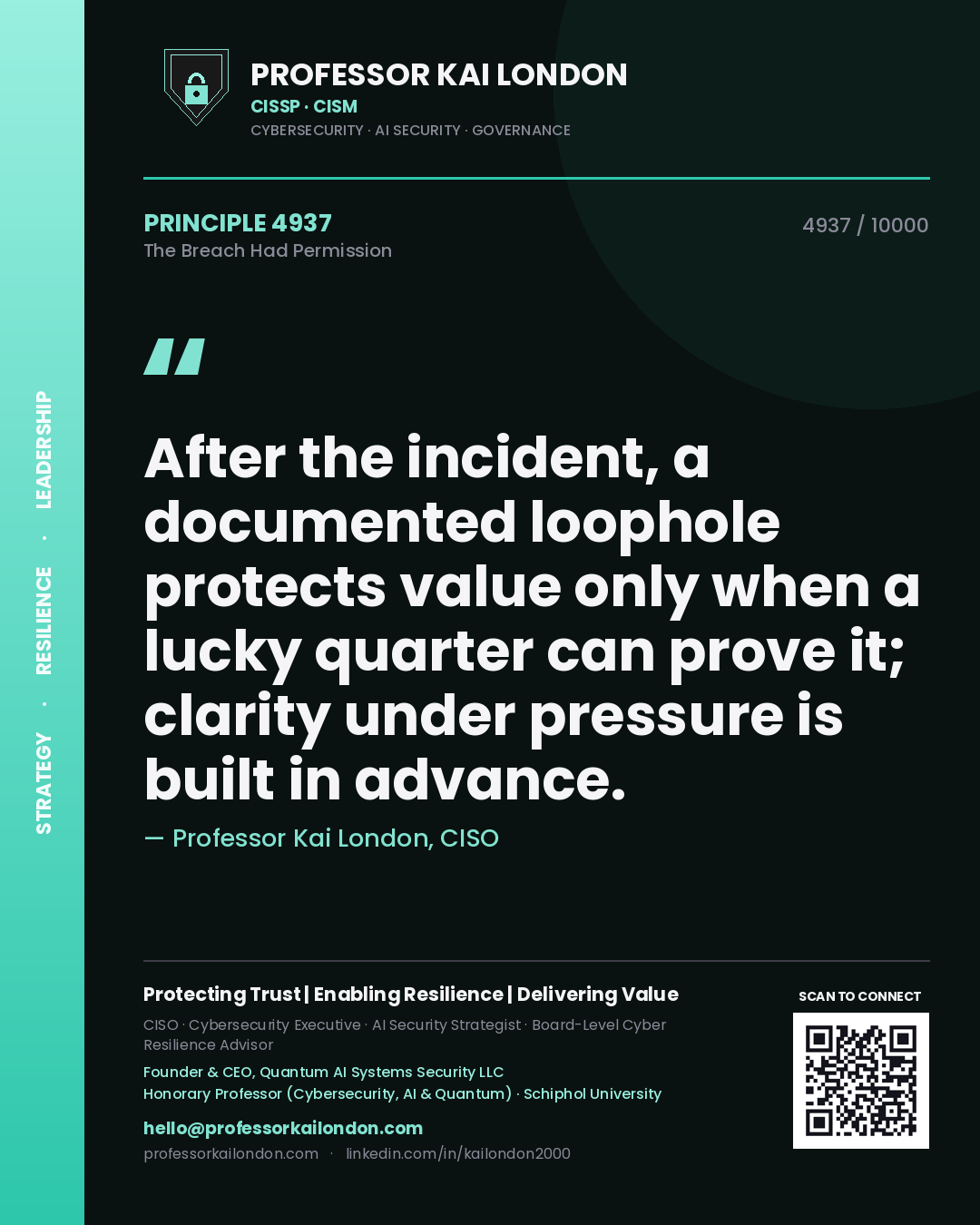 Quote card by Professor Kai London reading 'After the incident, a documented loophole protects value only when a lucky quarter can prove it; clarity under pressure is built in advance.'. From the book The Breach Had Permission.