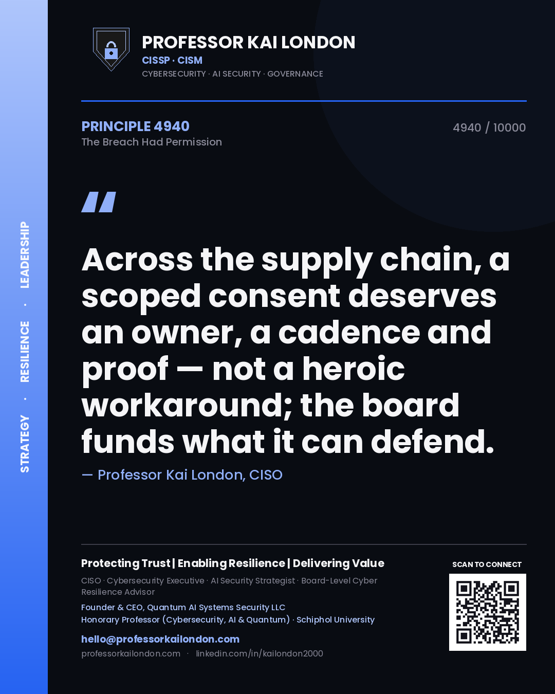 Quote card by Professor Kai London reading 'Across the supply chain, a scoped consent deserves an owner, a cadence and proof — not a heroic workaround; the board funds what it can defend.'. From the book The Breach Had Permission.