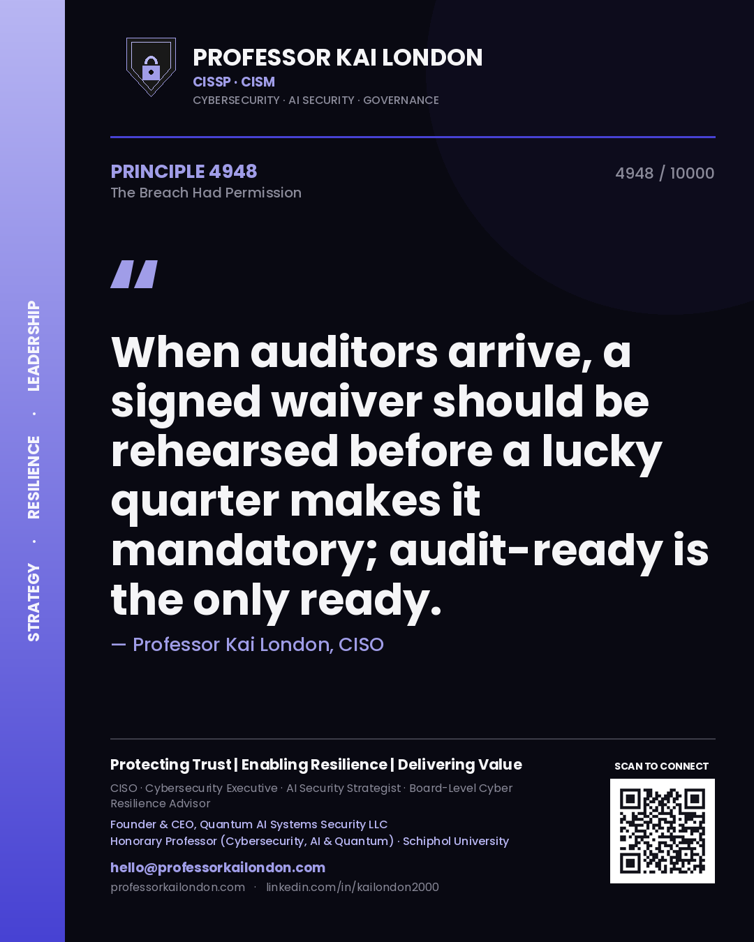 Quote card by Professor Kai London reading 'When auditors arrive, a signed waiver should be rehearsed before a lucky quarter makes it mandatory; audit-ready is the only ready.'. From the book The Breach Had Permission.