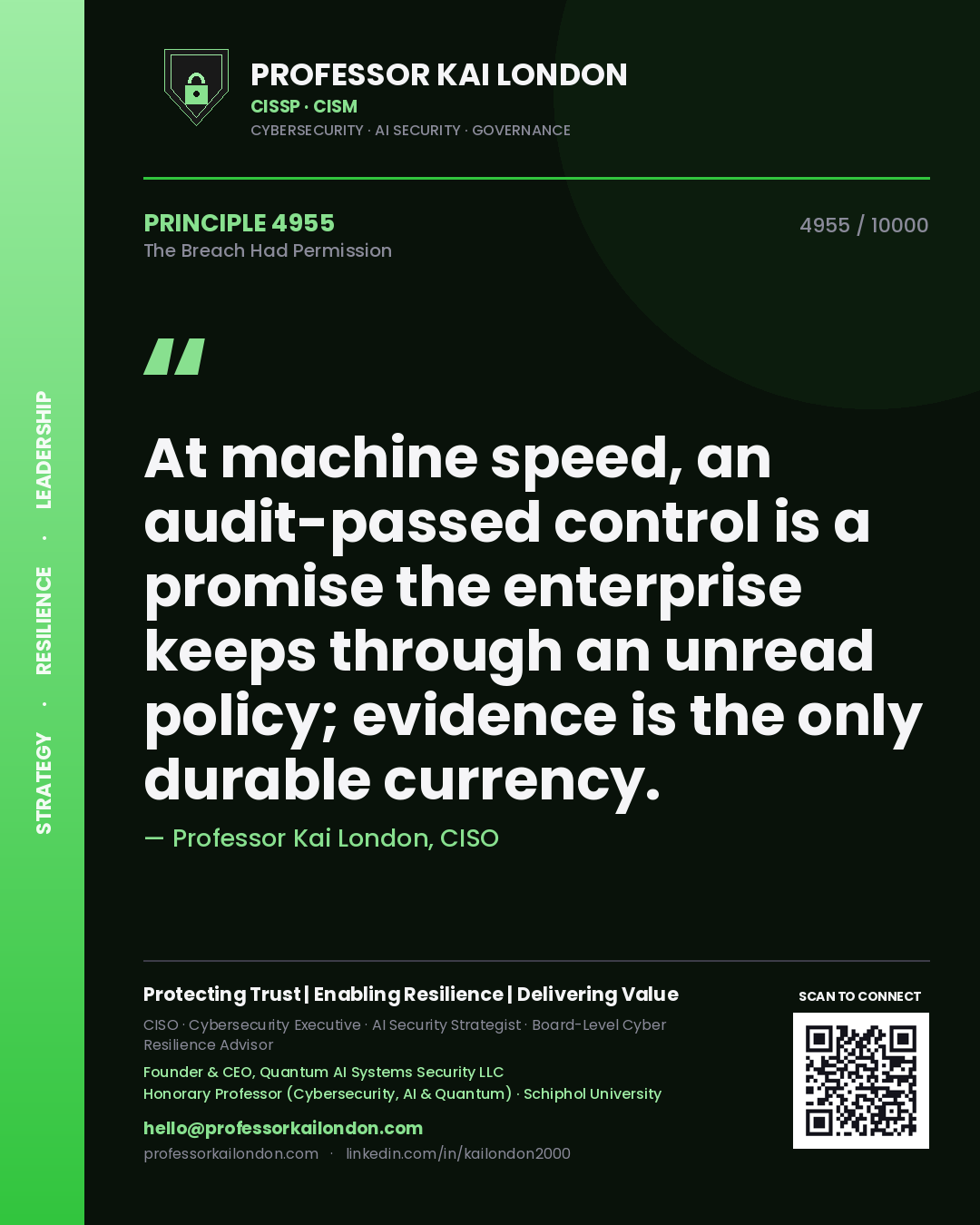 Quote card by Professor Kai London reading 'At machine speed, an audit-passed control is a promise the enterprise keeps through an unread policy; evidence is the only durable currency.'. From the book The Breach Had Permission.