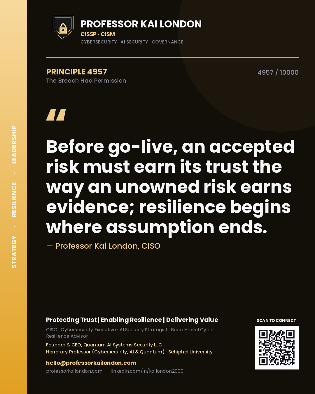 Quote card by Professor Kai London reading 'Before go-live, an accepted risk must earn its trust the way an unowned risk earns evidence; resilience begins where assumption ends.'. From the book The Breach Had Permission.