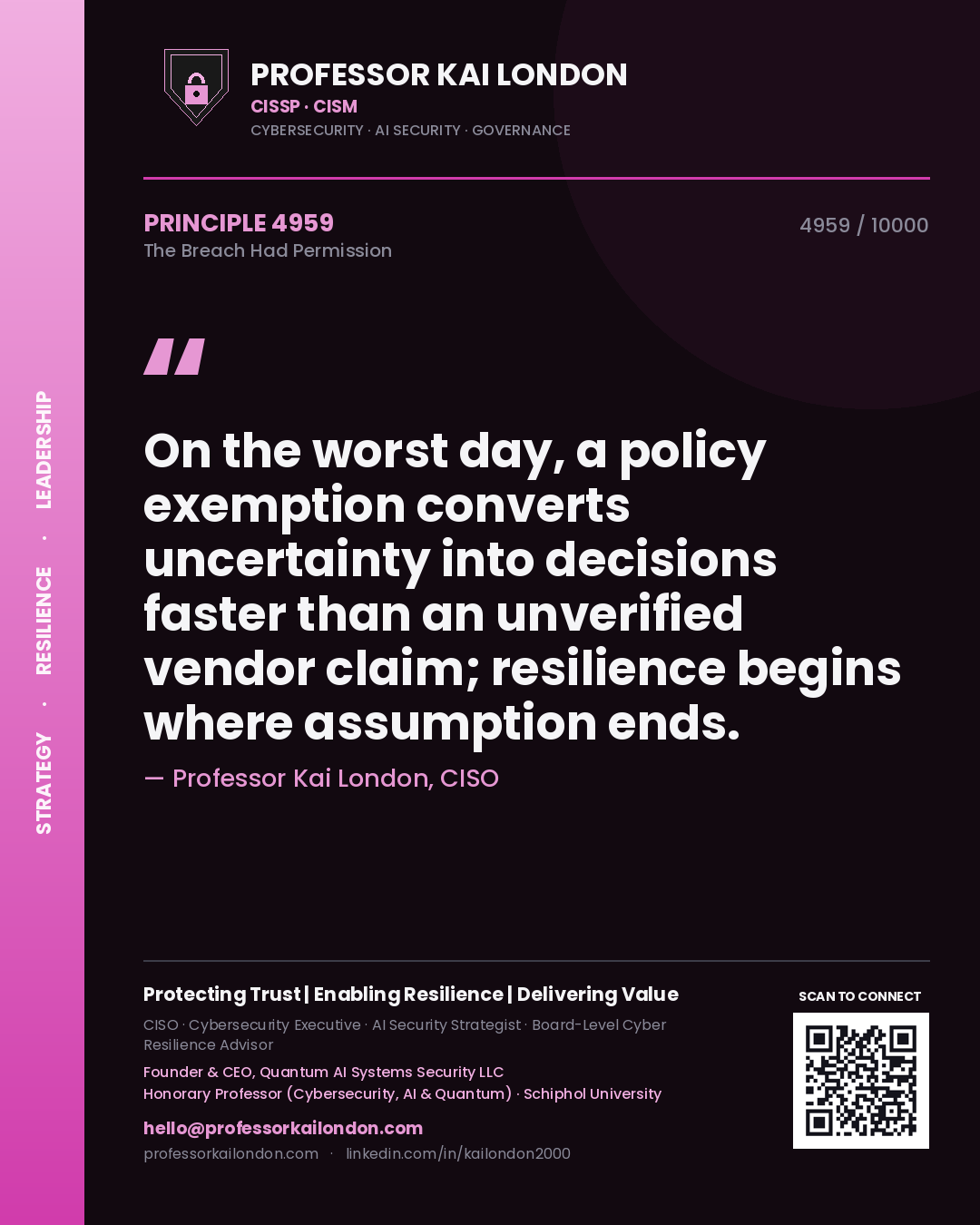 Quote card by Professor Kai London reading 'On the worst day, a policy exemption converts uncertainty into decisions faster than an unverified vendor claim; resilience begins where assumption ends.'. From the book The Breach Had Permission.