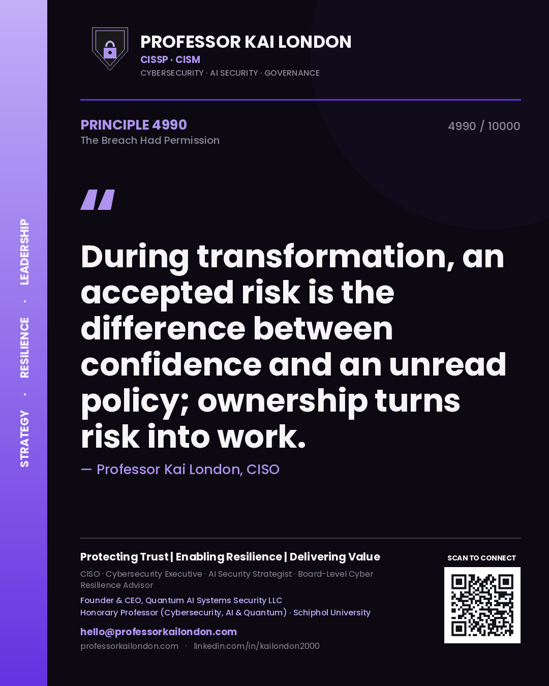 Quote card by Professor Kai London reading 'During transformation, an accepted risk is the difference between confidence and an unread policy; ownership turns risk into work.'. From the book The Breach Had Permission.