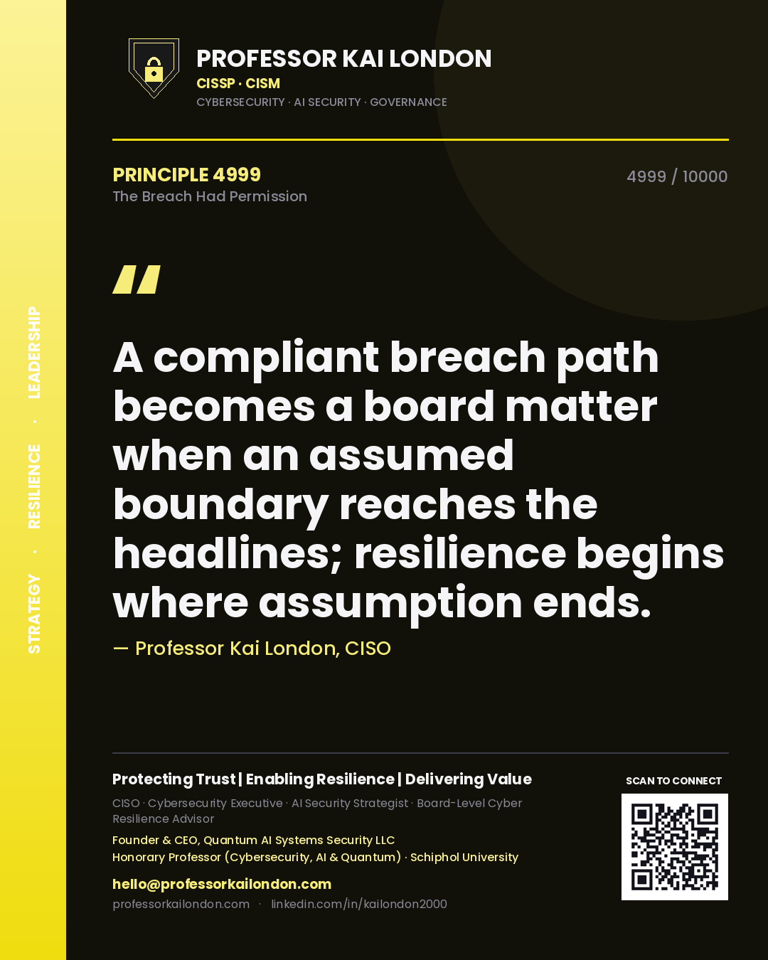 Quote card by Professor Kai London reading 'A compliant breach path becomes a board matter when an assumed boundary reaches the headlines; resilience begins where assumption ends.'. From the book The Breach Had Permission.