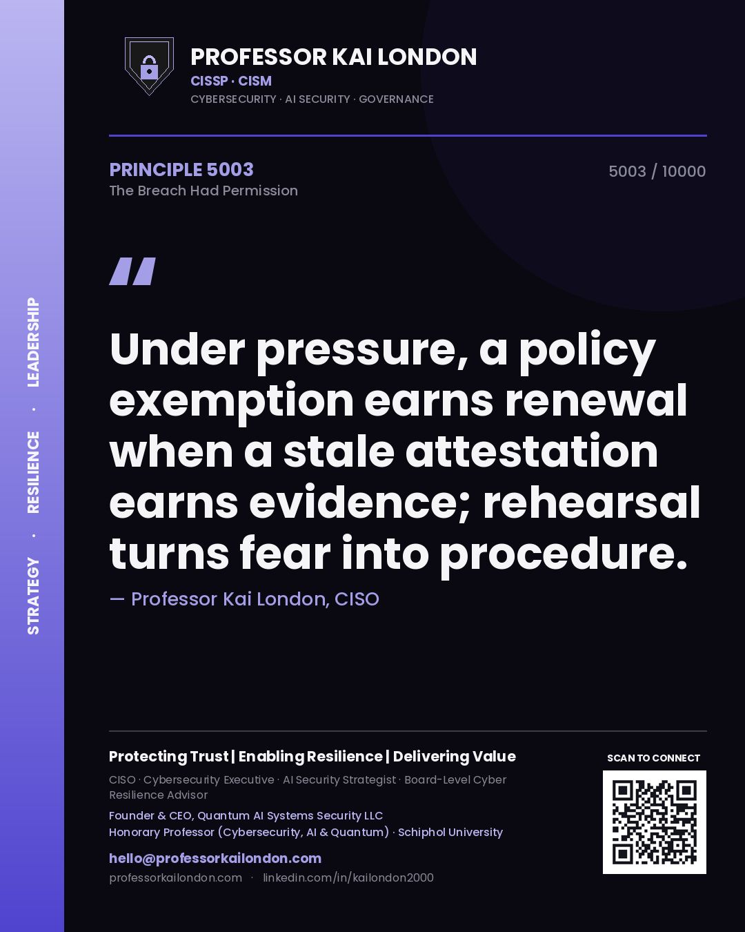 Professor Kai London principle 5003: Under pressure, a policy exemption earns renewal when a stale attestation earns evidence; rehearsal turns fear into procedure.