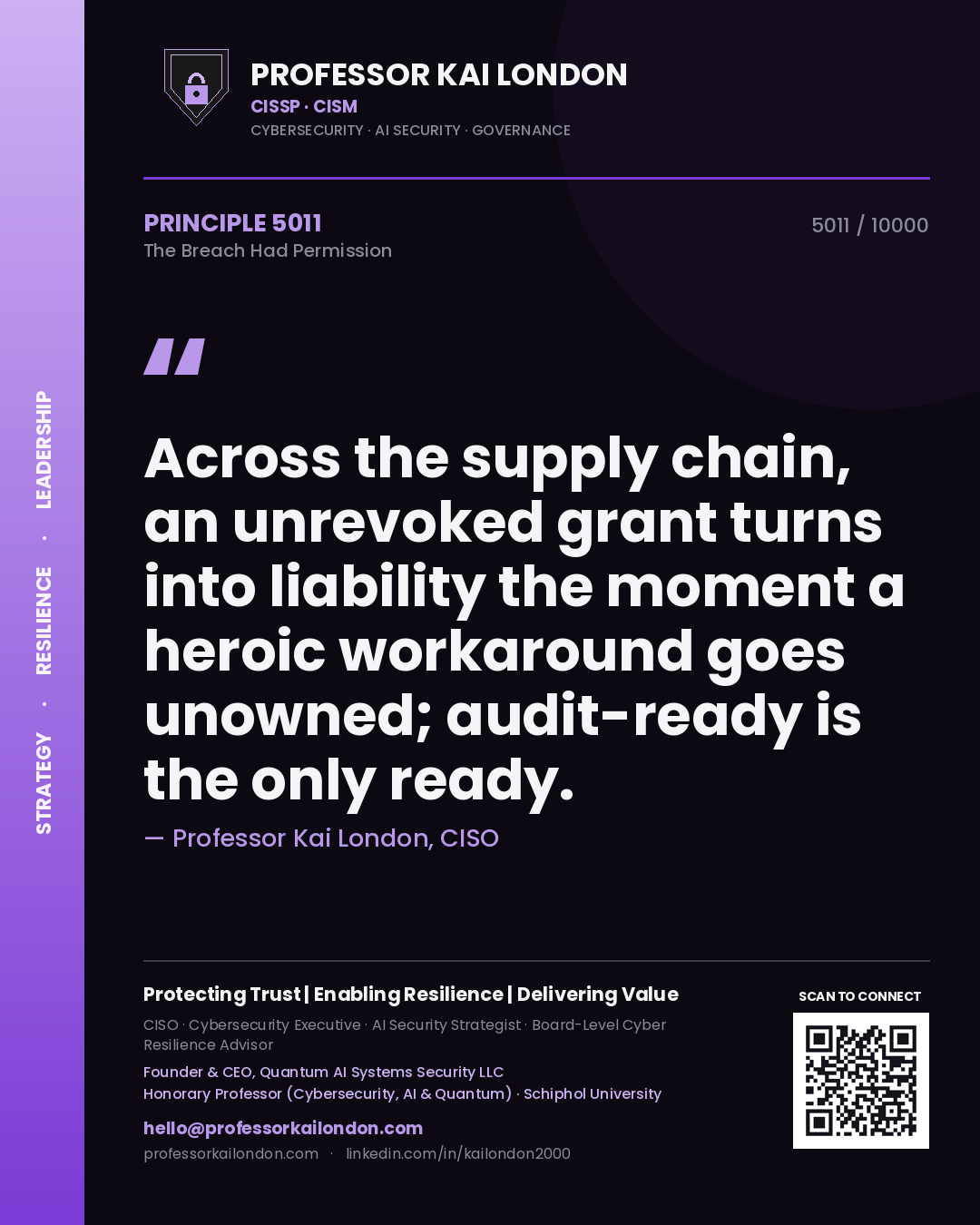 Quote card by Professor Kai London reading 'Across the supply chain, an unrevoked grant turns into liability the moment a heroic workaround goes unowned; audit-ready is the only ready.'. From the book The Breach Had Permission.