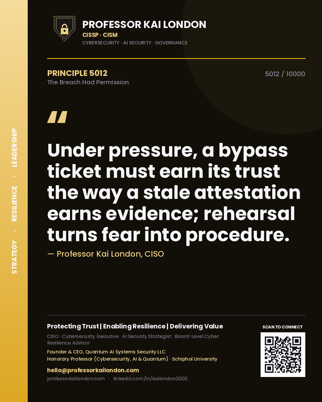 Quote card by Professor Kai London reading 'Under pressure, a bypass ticket must earn its trust the way a stale attestation earns evidence; rehearsal turns fear into procedure.'. From the book The Breach Had Permission.