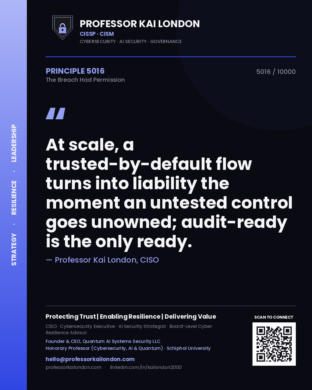 Professor Kai London principle 5016: At scale, a trusted-by-default flow turns into liability the moment an untested control goes unowned; audit-ready is the only ready.