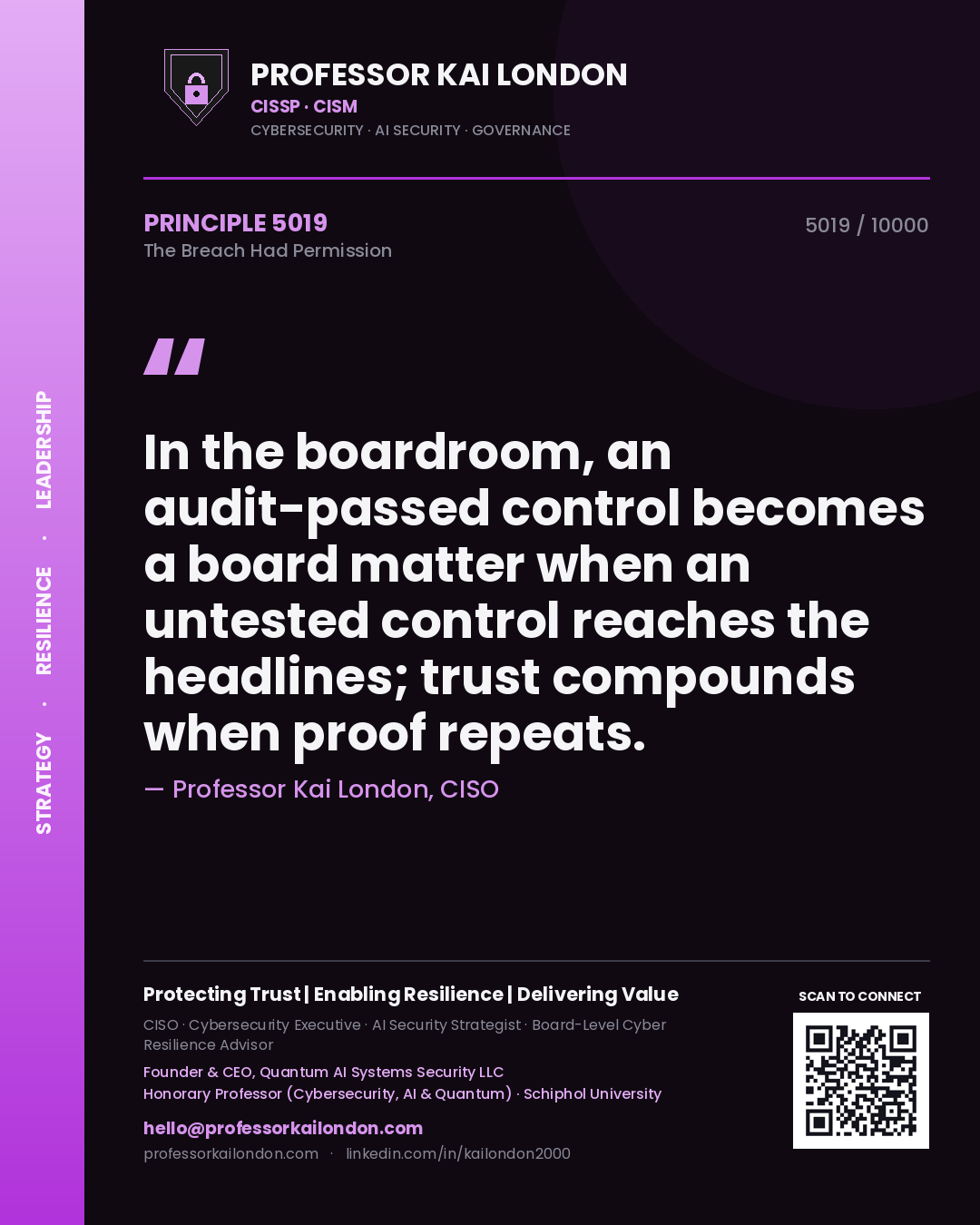 Professor Kai London principle 5019: In the boardroom, an audit-passed control becomes a board matter when an untested control reaches the headlines; trust compounds when proof repeats.