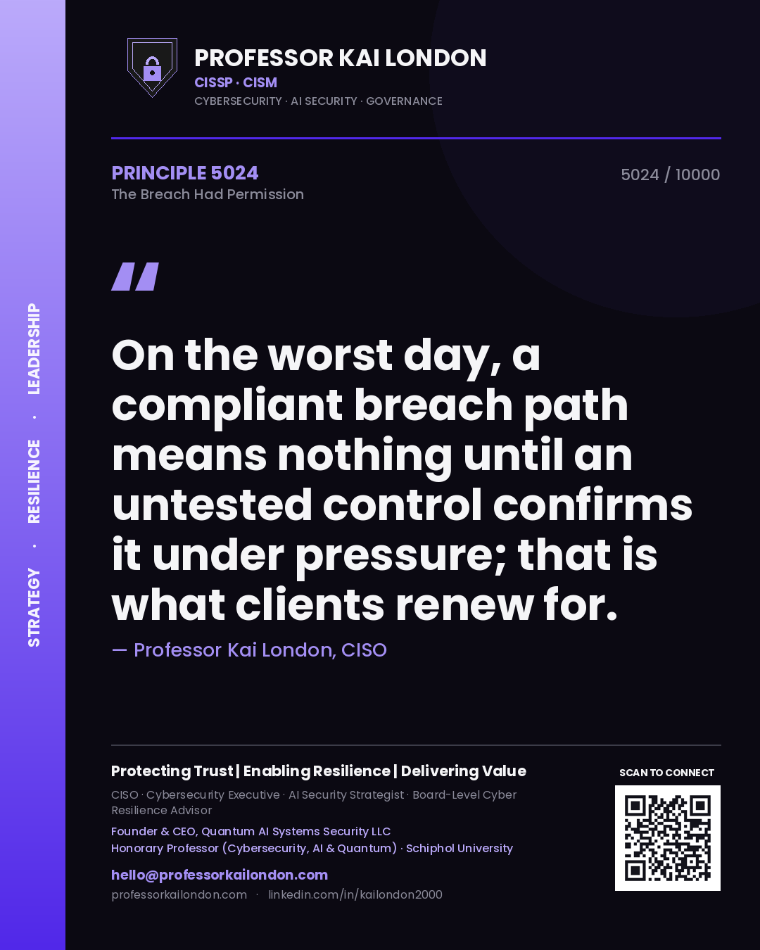 Professor Kai London principle 5024: On the worst day, a compliant breach path means nothing until an untested control confirms it under pressure; that is what clients renew for.
