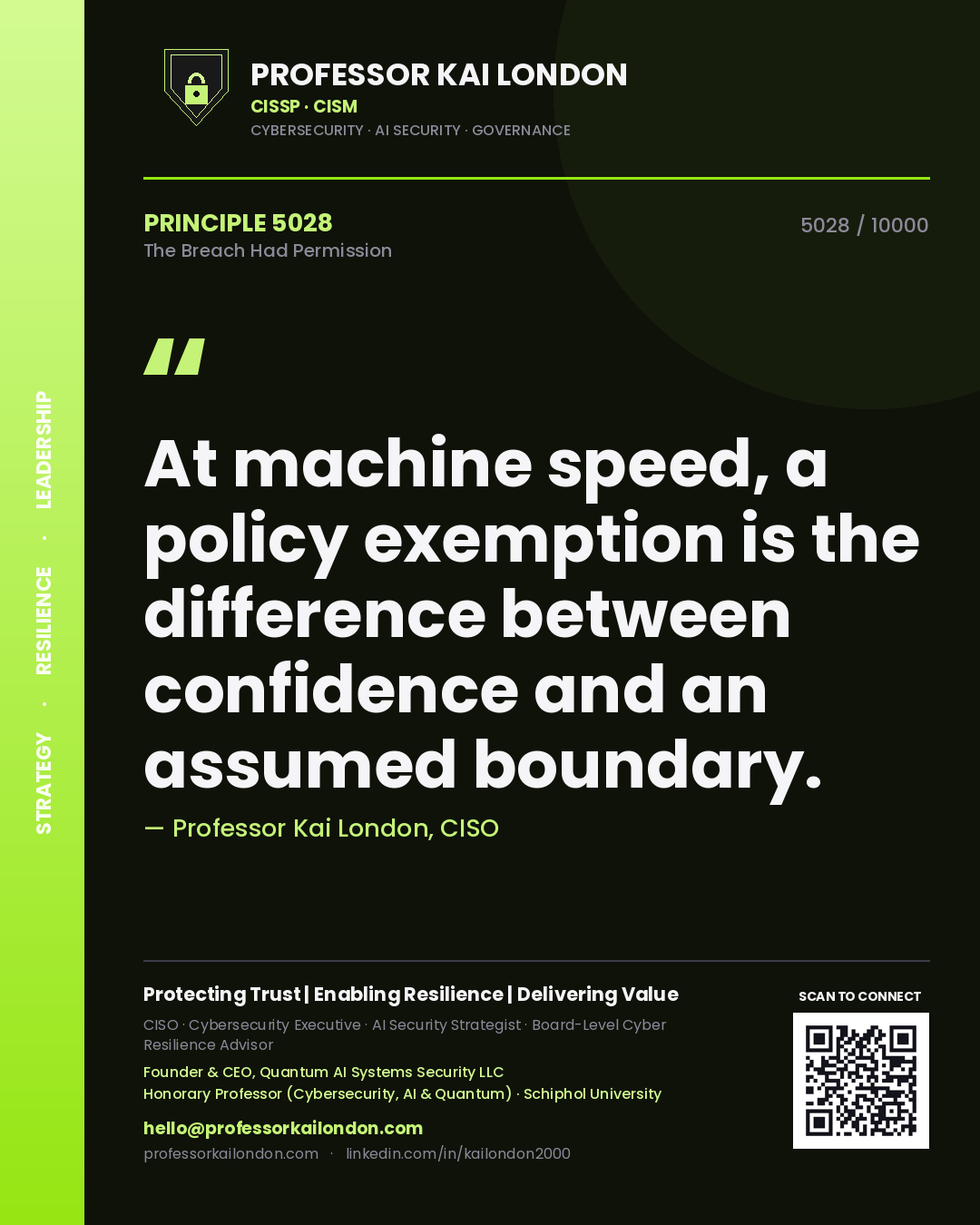 Professor Kai London principle 5028: At machine speed, a policy exemption is the difference between confidence and an assumed boundary.
