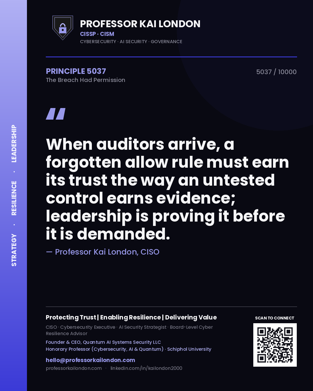 Professor Kai London principle 5037: When auditors arrive, a forgotten allow rule must earn its trust the way an untested control earns evidence; leadership is proving it before it is demanded.