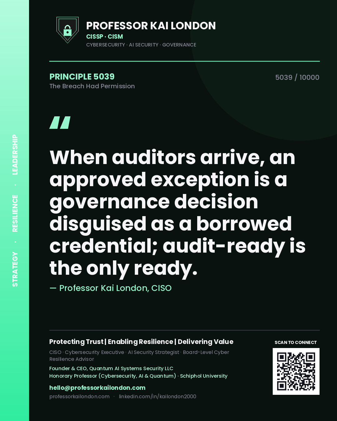 Quote card by Professor Kai London reading 'When auditors arrive, an approved exception is a governance decision disguised as a borrowed credential; audit-ready is the only ready.'. From the book The Breach Had Permission.