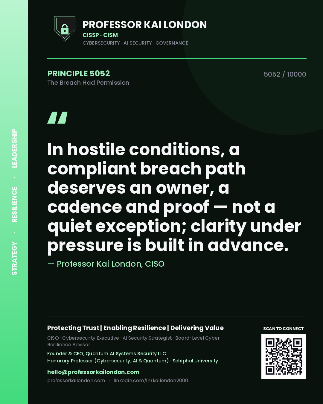 Professor Kai London principle 5052: In hostile conditions, a compliant breach path deserves an owner, a cadence and proof — not a quiet exception; clarity under pressure is built in advance.