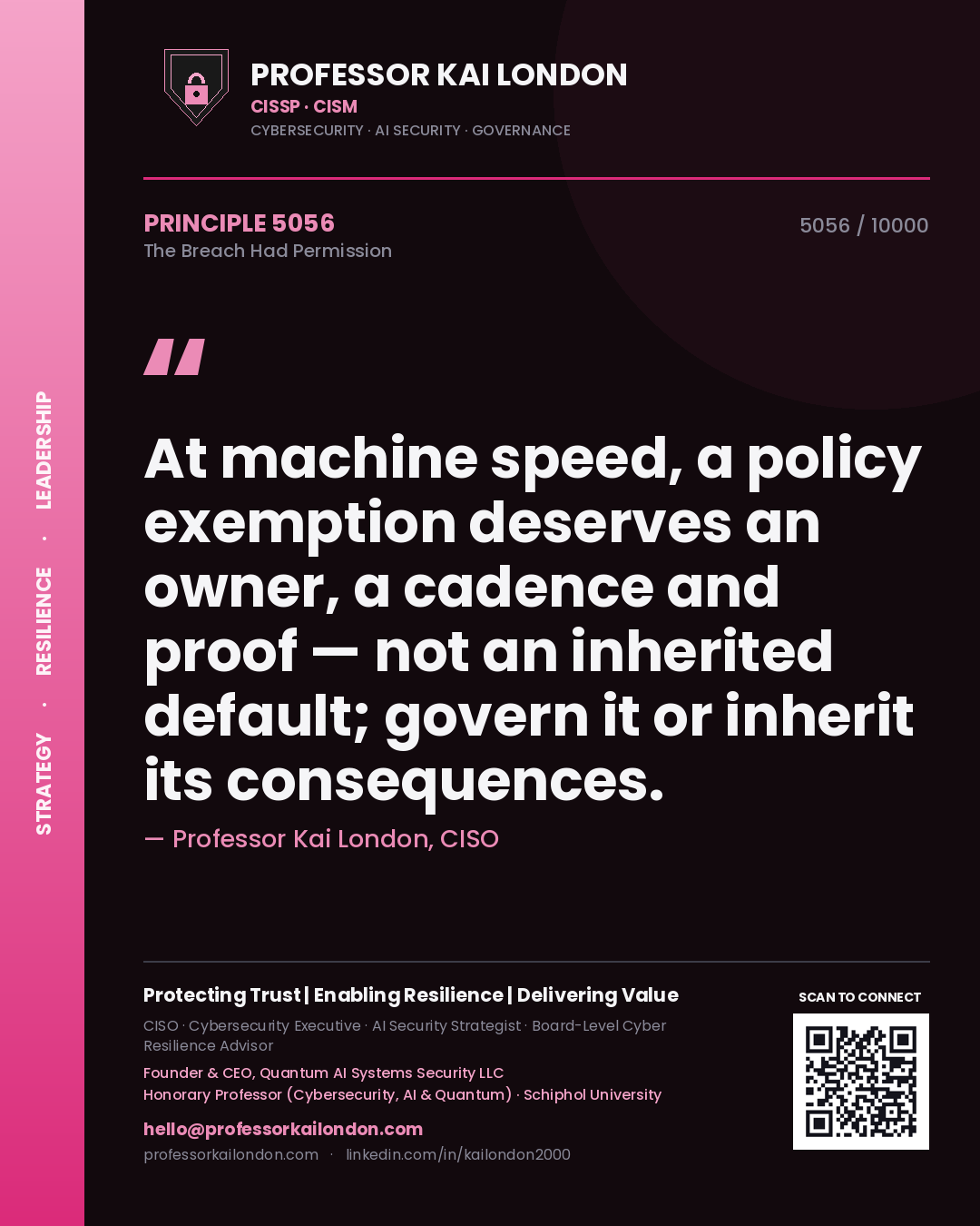 Quote card by Professor Kai London reading 'At machine speed, a policy exemption deserves an owner, a cadence and proof — not an inherited default; govern it or inherit its consequences.'. From the book The Breach Had Permission.