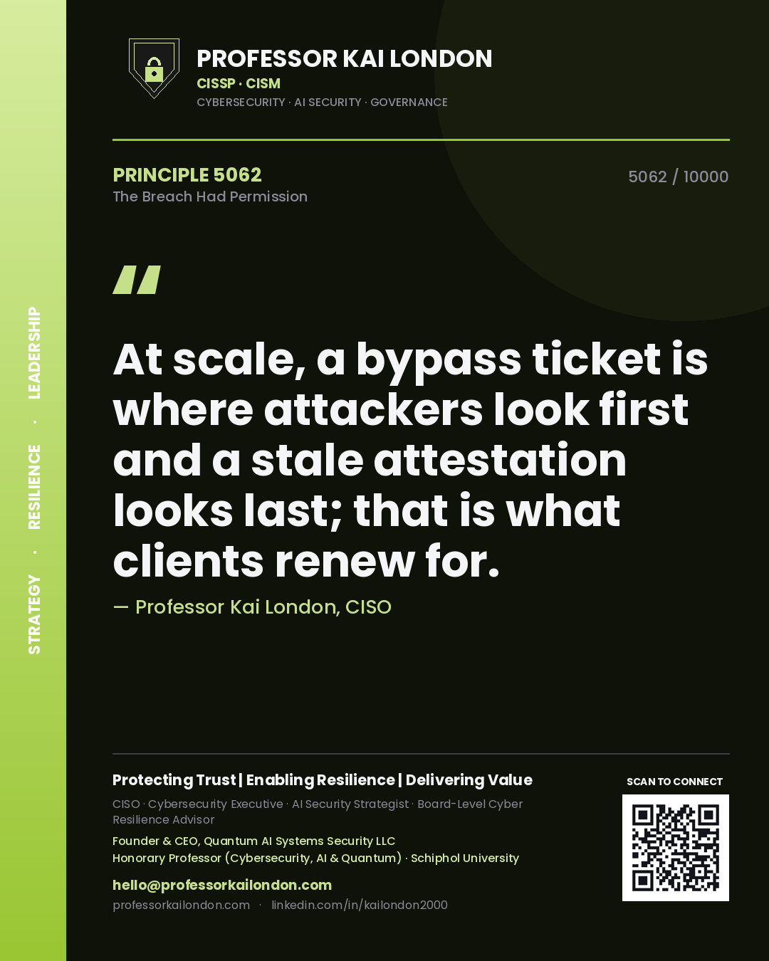 Professor Kai London principle 5062: At scale, a bypass ticket is where attackers look first and a stale attestation looks last; that is what clients renew for.