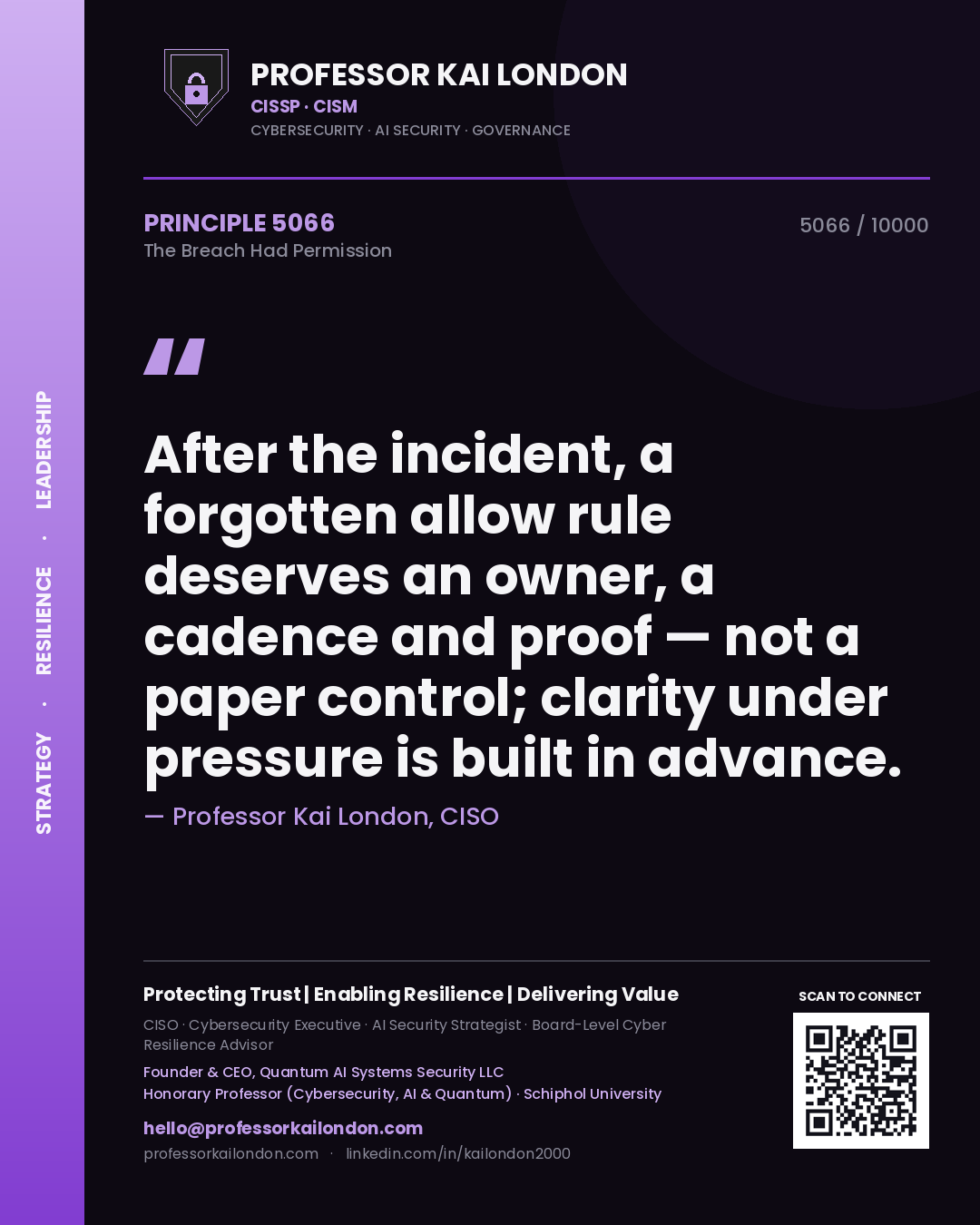 Professor Kai London principle 5066: After the incident, a forgotten allow rule deserves an owner, a cadence and proof — not a paper control; clarity under pressure is built in advance.