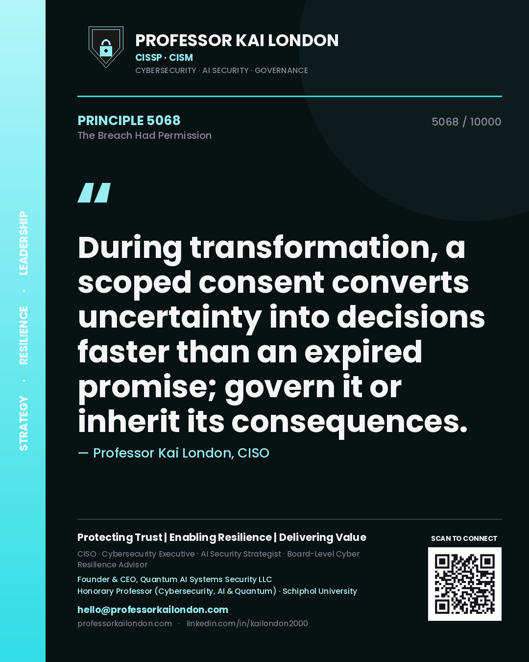 Professor Kai London principle 5068: During transformation, a scoped consent converts uncertainty into decisions faster than an expired promise; govern it or inherit its consequences.