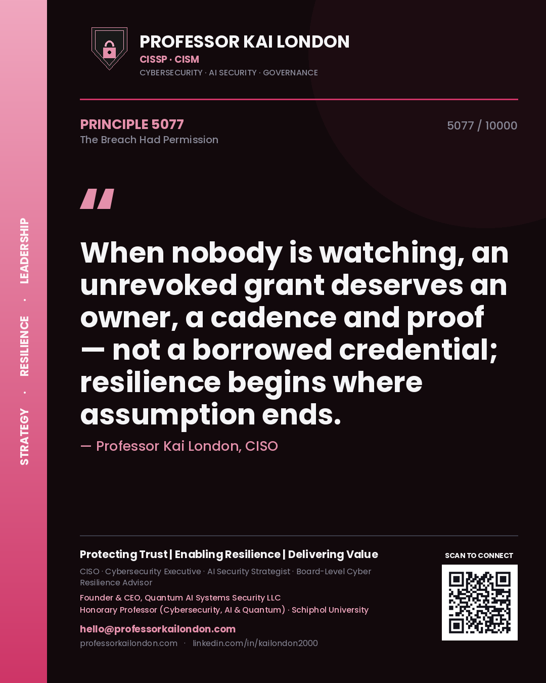 Professor Kai London principle 5077: When nobody is watching, an unrevoked grant deserves an owner, a cadence and proof — not a borrowed credential; resilience begins where assumption ends.