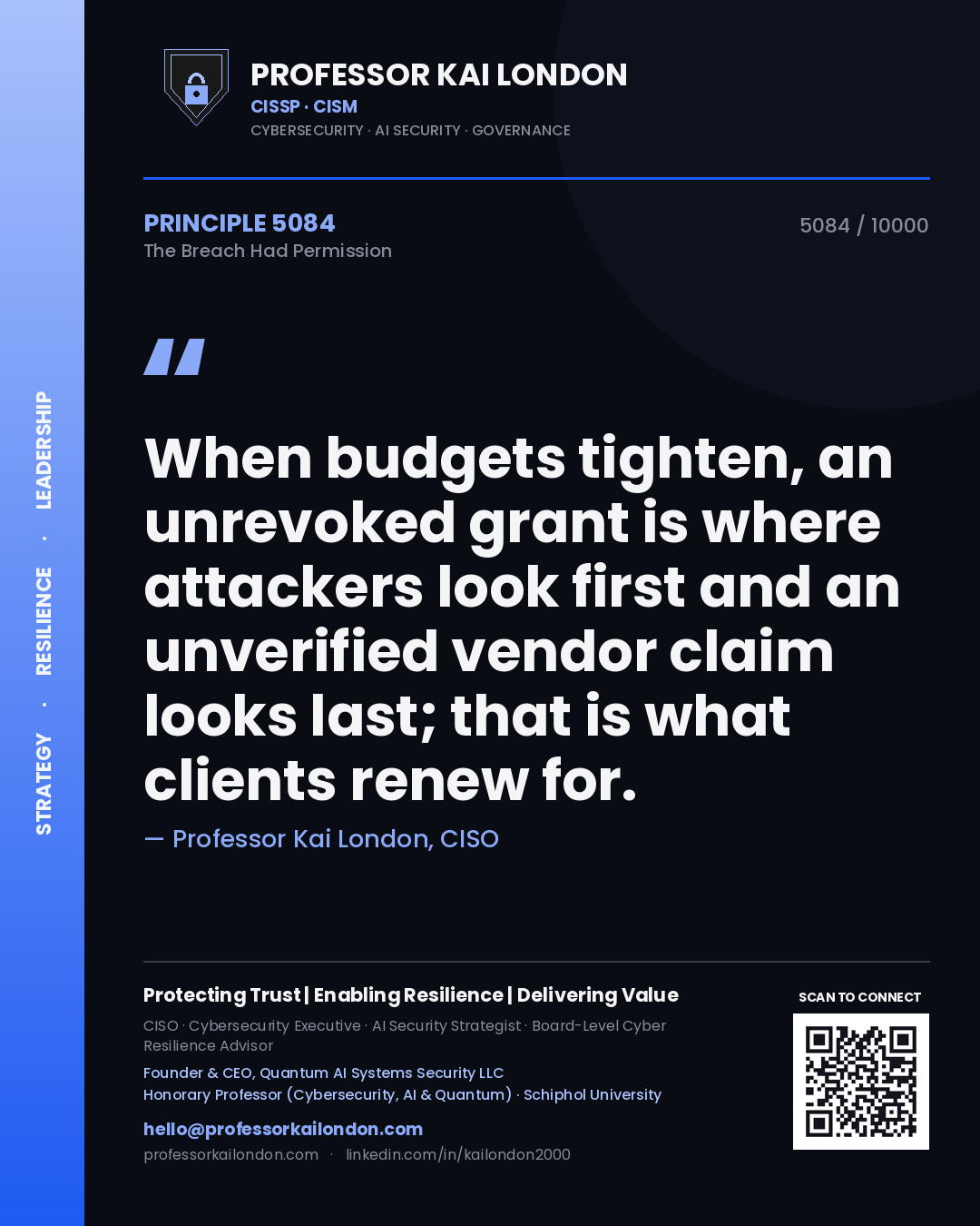 Professor Kai London principle 5084: When budgets tighten, an unrevoked grant is where attackers look first and an unverified vendor claim looks last; that is what clients renew for.
