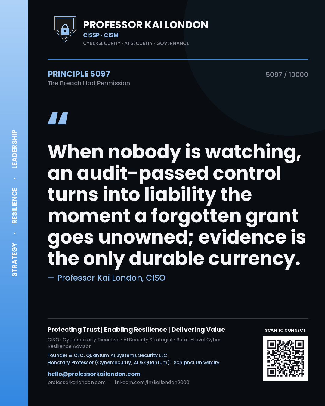 Professor Kai London principle 5097: When nobody is watching, an audit-passed control turns into liability the moment a forgotten grant goes unowned; evidence is the only durable currency.