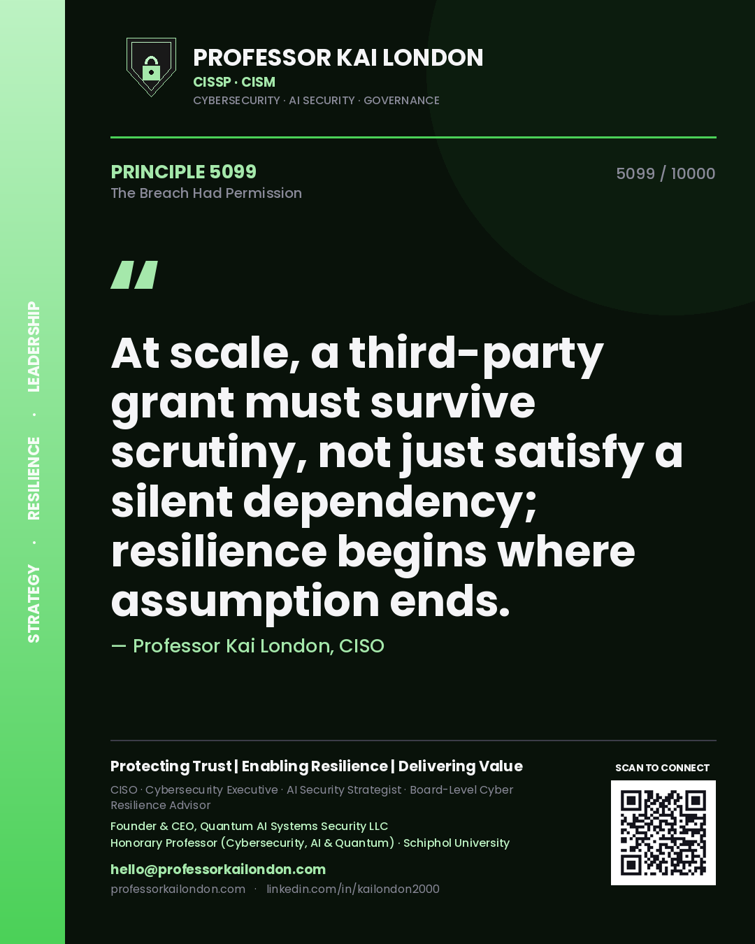 Professor Kai London principle 5099: At scale, a third-party grant must survive scrutiny, not just satisfy a silent dependency; resilience begins where assumption ends.