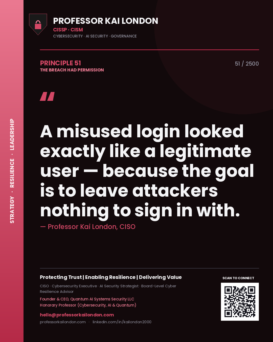 Professor Kai London principle 51: A misused login looked exactly like a legitimate user — because the goal is to leave attackers nothing to sign in with.
