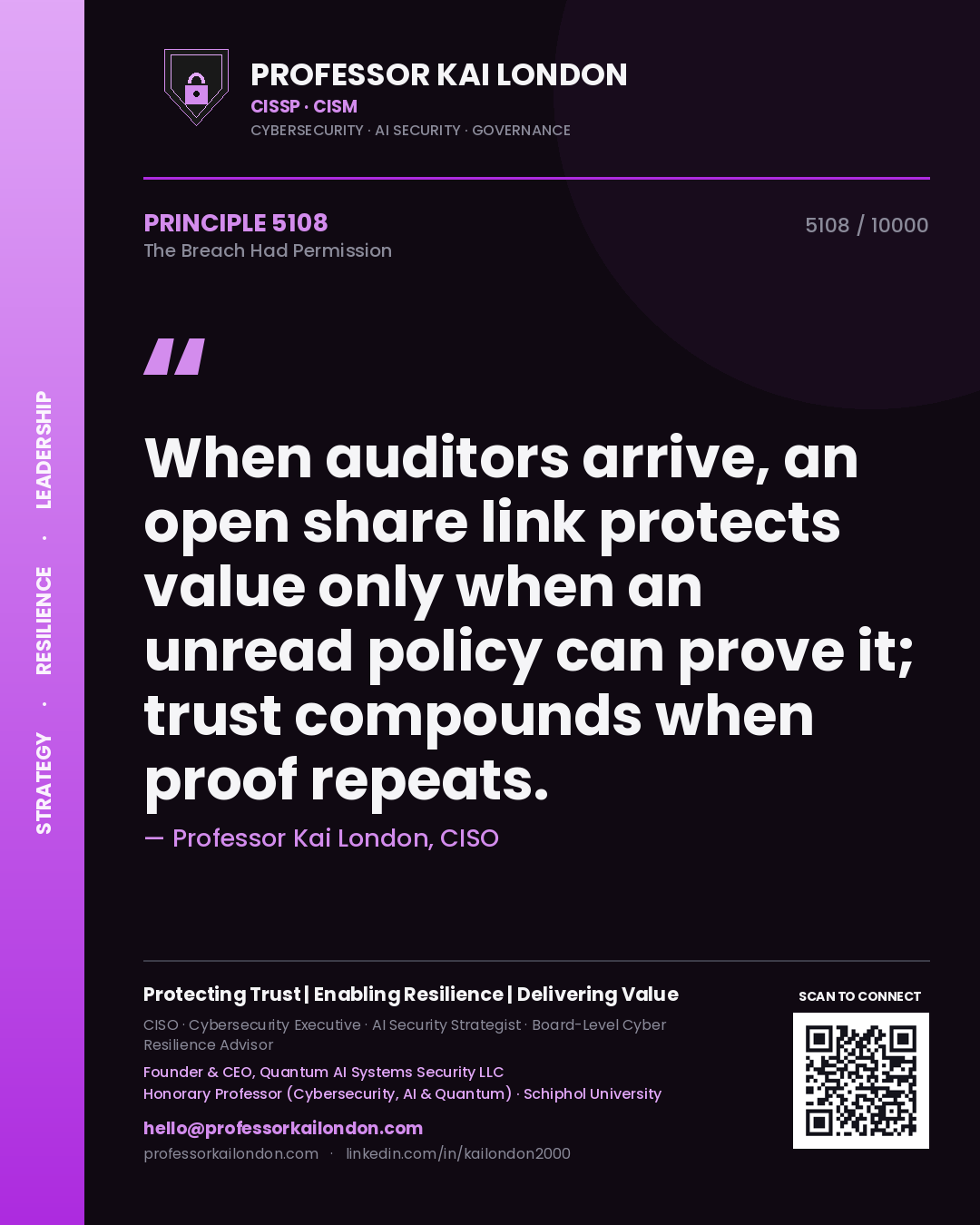 Professor Kai London principle 5108: When auditors arrive, an open share link protects value only when an unread policy can prove it; trust compounds when proof repeats.