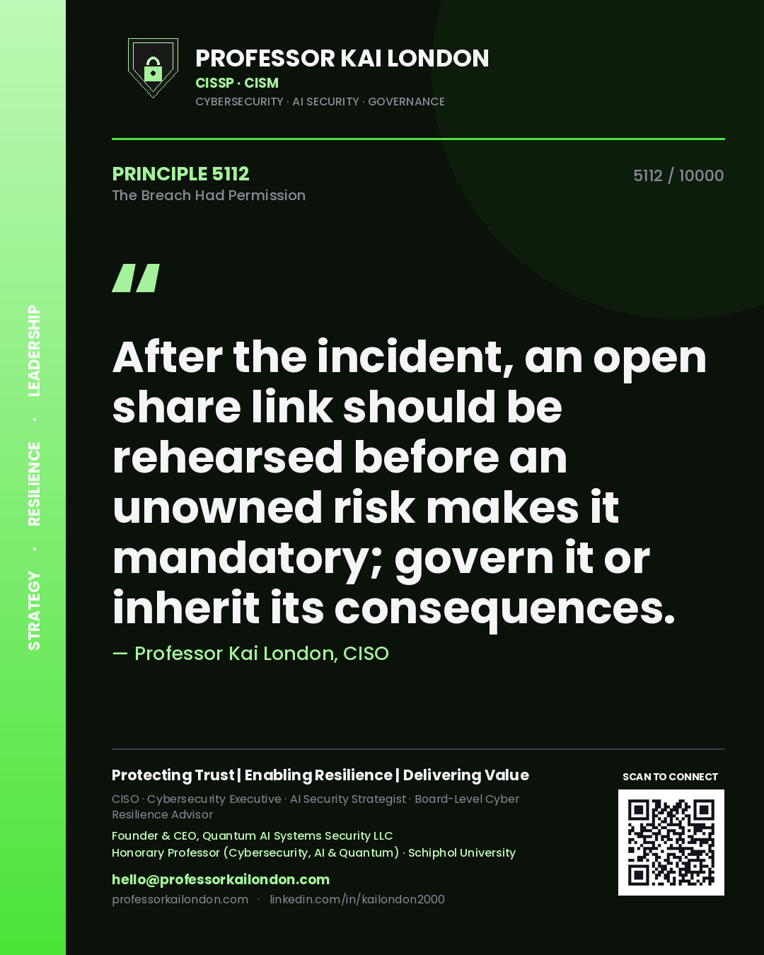 Professor Kai London principle 5112: After the incident, an open share link should be rehearsed before an unowned risk makes it mandatory; govern it or inherit its consequences.