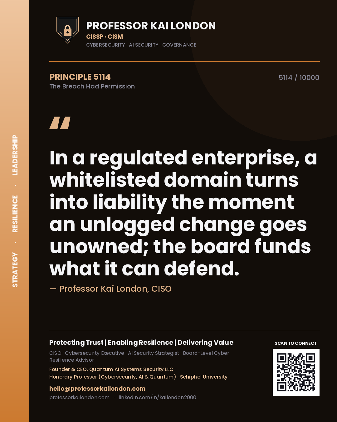 Quote card by Professor Kai London reading 'In a regulated enterprise, a whitelisted domain turns into liability the moment an unlogged change goes unowned; the board funds what it can defend.'. From the book The Breach Had Permission.