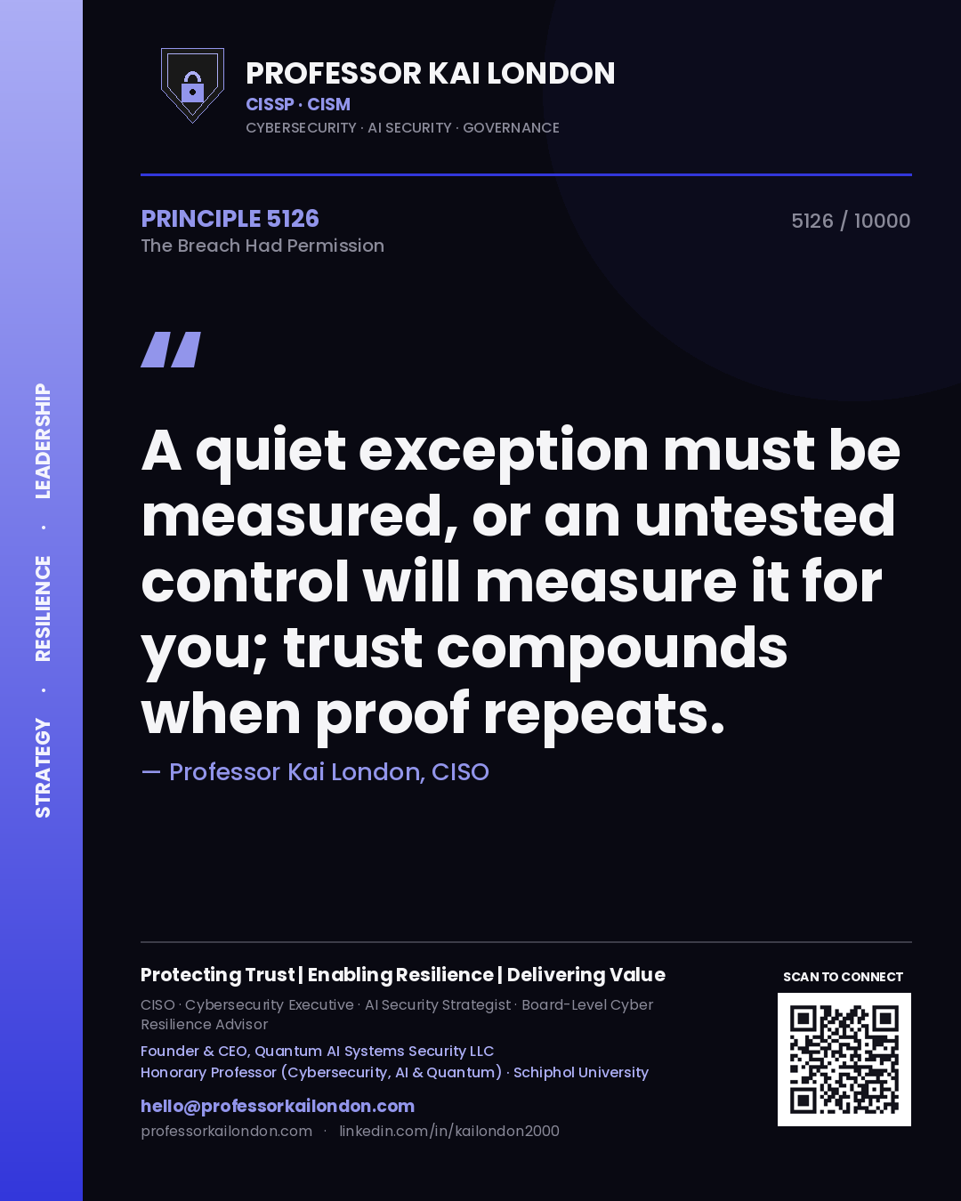 Quote card by Professor Kai London reading 'A quiet exception must be measured, or an untested control will measure it for you; trust compounds when proof repeats.'. From the book The Breach Had Permission.