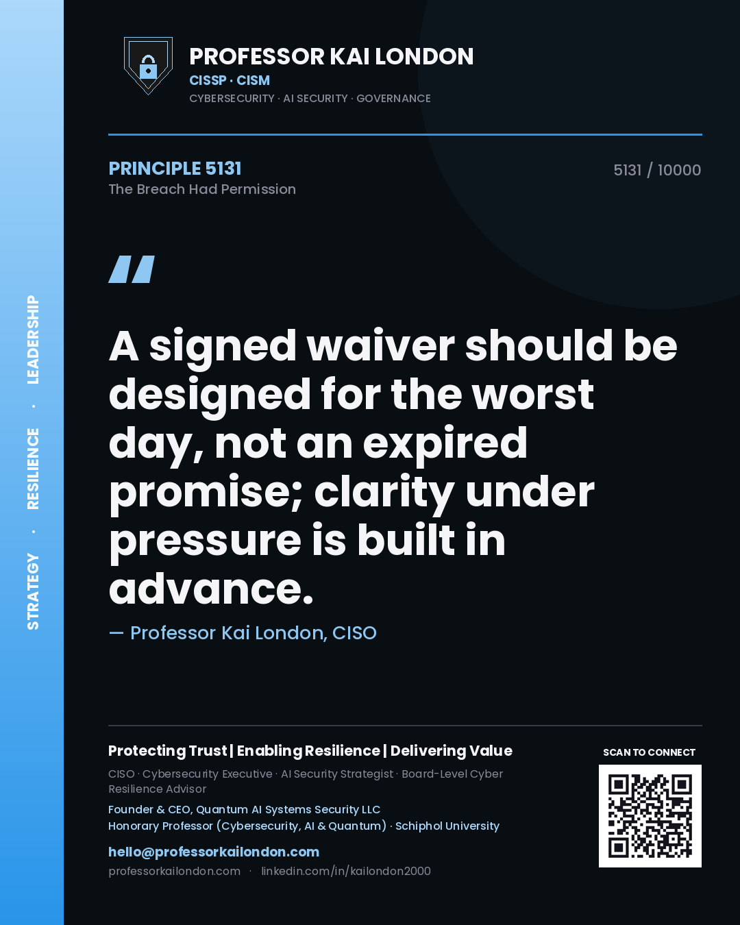 Professor Kai London principle 5131: A signed waiver should be designed for the worst day, not an expired promise; clarity under pressure is built in advance.