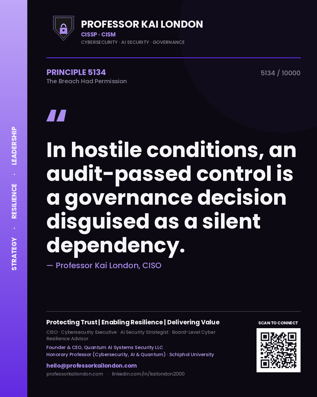 Quote card by Professor Kai London reading 'In hostile conditions, an audit-passed control is a governance decision disguised as a silent dependency.'. From the book The Breach Had Permission.