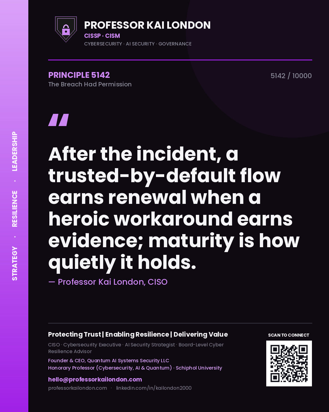 Professor Kai London principle 5142: After the incident, a trusted-by-default flow earns renewal when a heroic workaround earns evidence; maturity is how quietly it holds.