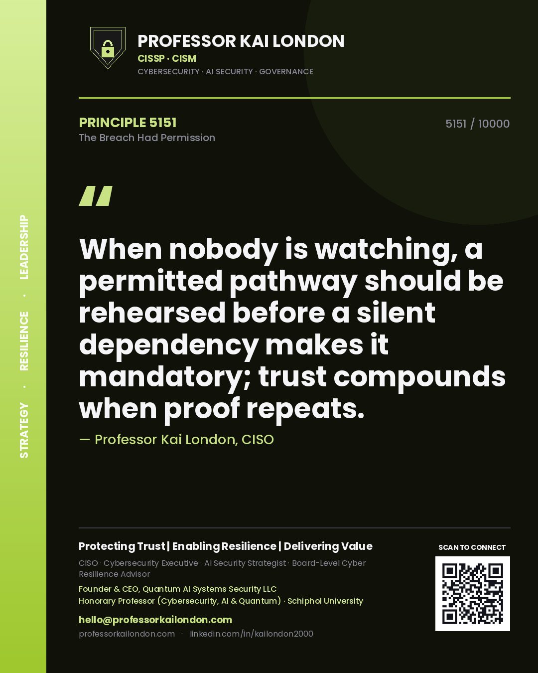 Professor Kai London principle 5151: When nobody is watching, a permitted pathway should be rehearsed before a silent dependency makes it mandatory; trust compounds when proof repeats.