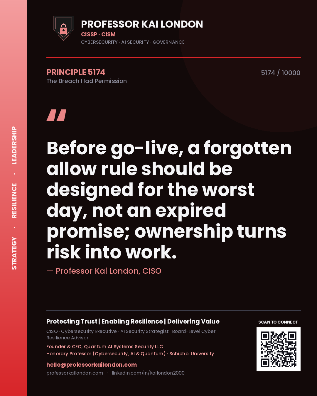 Professor Kai London principle 5174: Before go-live, a forgotten allow rule should be designed for the worst day, not an expired promise; ownership turns risk into work.