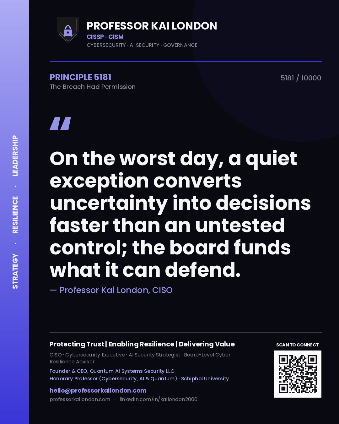 Professor Kai London principle 5181: On the worst day, a quiet exception converts uncertainty into decisions faster than an untested control; the board funds what it can defend.